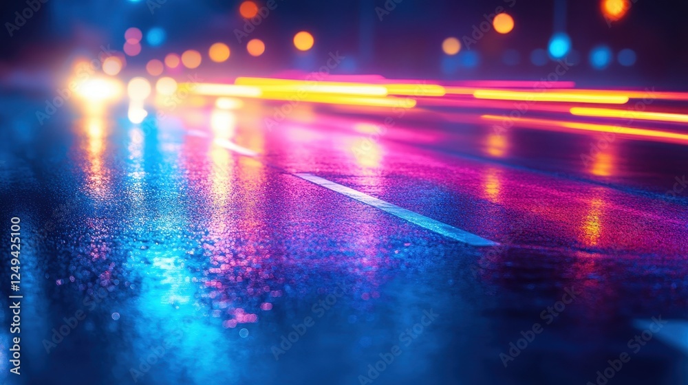 Fototapeta premium Night city street, rain, light trails, blurred background, website banner