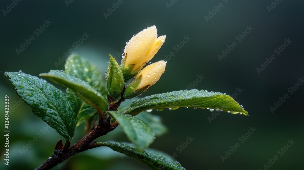 Close-up of delicate yellow flower buds surrounded by lush green leaves with glistening dew drops, showcasing nature's detail and beauty in a serene setting. Close-up of delicate yellow flower buds surrounded by lush green leaves with glistening dew drops, showcasing nature's detail and beauty in a serene setting.