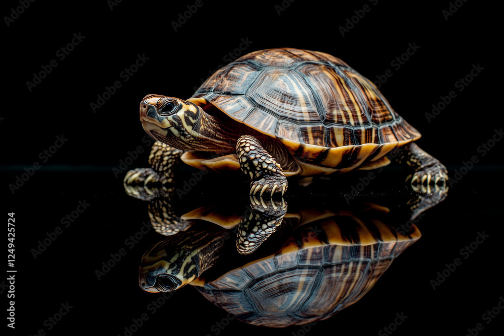 Obraz premium Turtle with patterned shell reflecting on black surface.