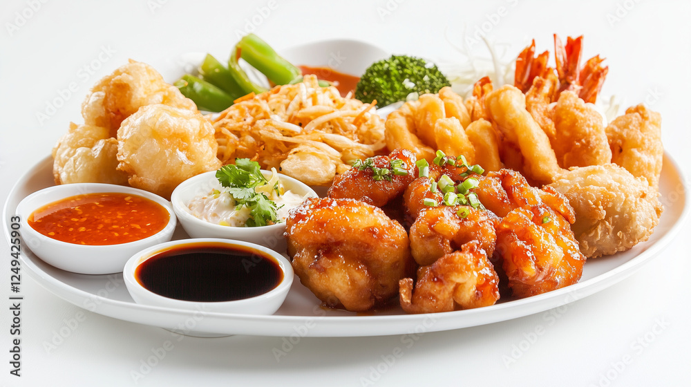Assorted fried seafood platter with dipping sauces. Assorted fried seafood platter with dipping sauces.