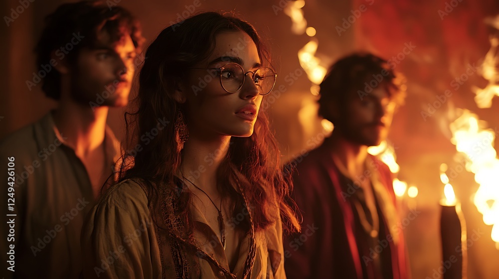 A young woman with glasses stands with two men in the glow of a fire, a scene evocative of a historical drama or fantasy setting. A young woman with glasses stands with two men in the glow of a fire, a scene evocative of a historical drama or fantasy setting.