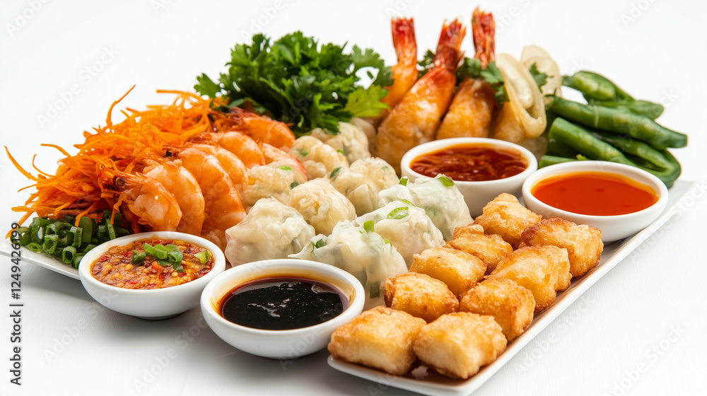 Seafood and dumpling platter with dipping sauces. Seafood and dumpling platter with dipping sauces.
