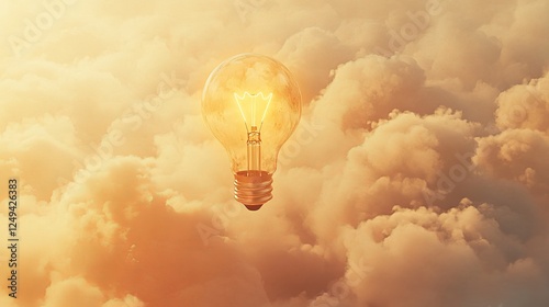Illuminating ideas floating light bulb amid soft clouds dreamy atmosphere conceptual art surreal environment