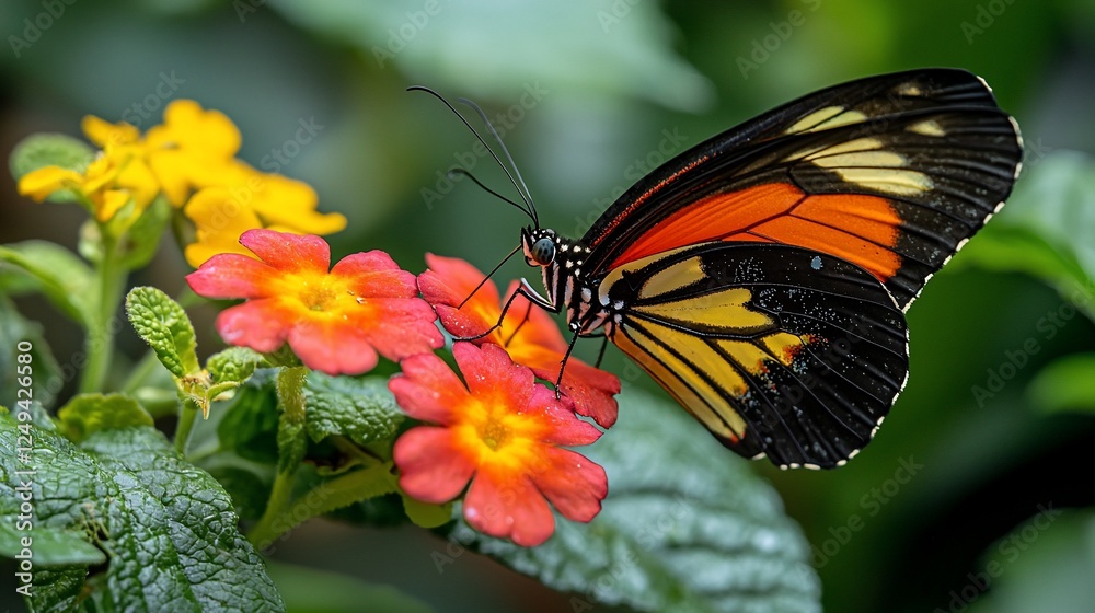Obraz premium Butterfly on flowers in a garden, pollinating. Bokeh background for nature content