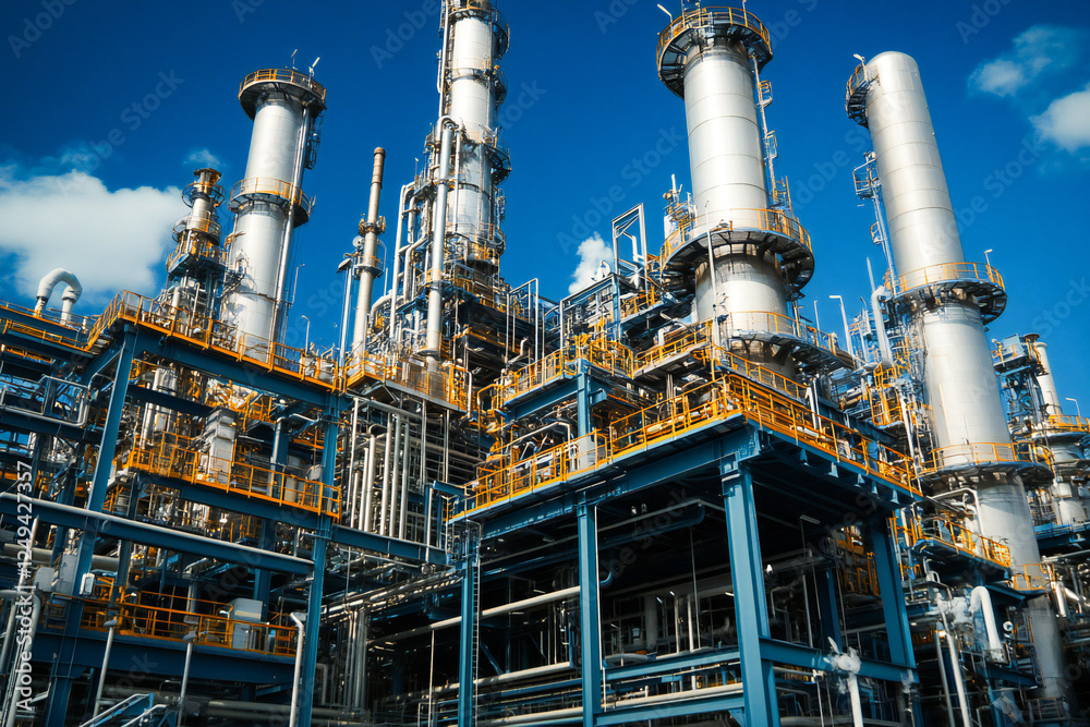 Modern Oil pump jack operating in an industrial refinery complex.
Modern Oil pump jack operating in an industrial refinery complex.
