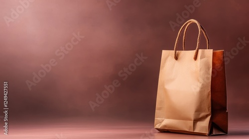 A stylish brown craft paper shopping bag stands elegantly against a muted backdrop, capturing the essence of sustainability in modern shopping aesthetics. photo