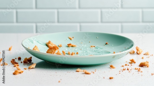 An artistic arrangement of a mint green plate dusted with bread crumbs, creating a serene yet chaotic scene. It represents the beauty of imperfection in everyday life.