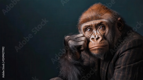 A close-up of a thoughtful gorilla dressed in textured professional attire, capturing the essence of contemplation and personification in a powerful, striking image.