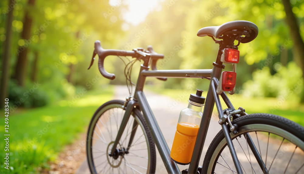 Stylish bicycle parked near scenic path with water bottle, active living, Youth Day Stylish bicycle parked near scenic path with water bottle, active living, Youth Day