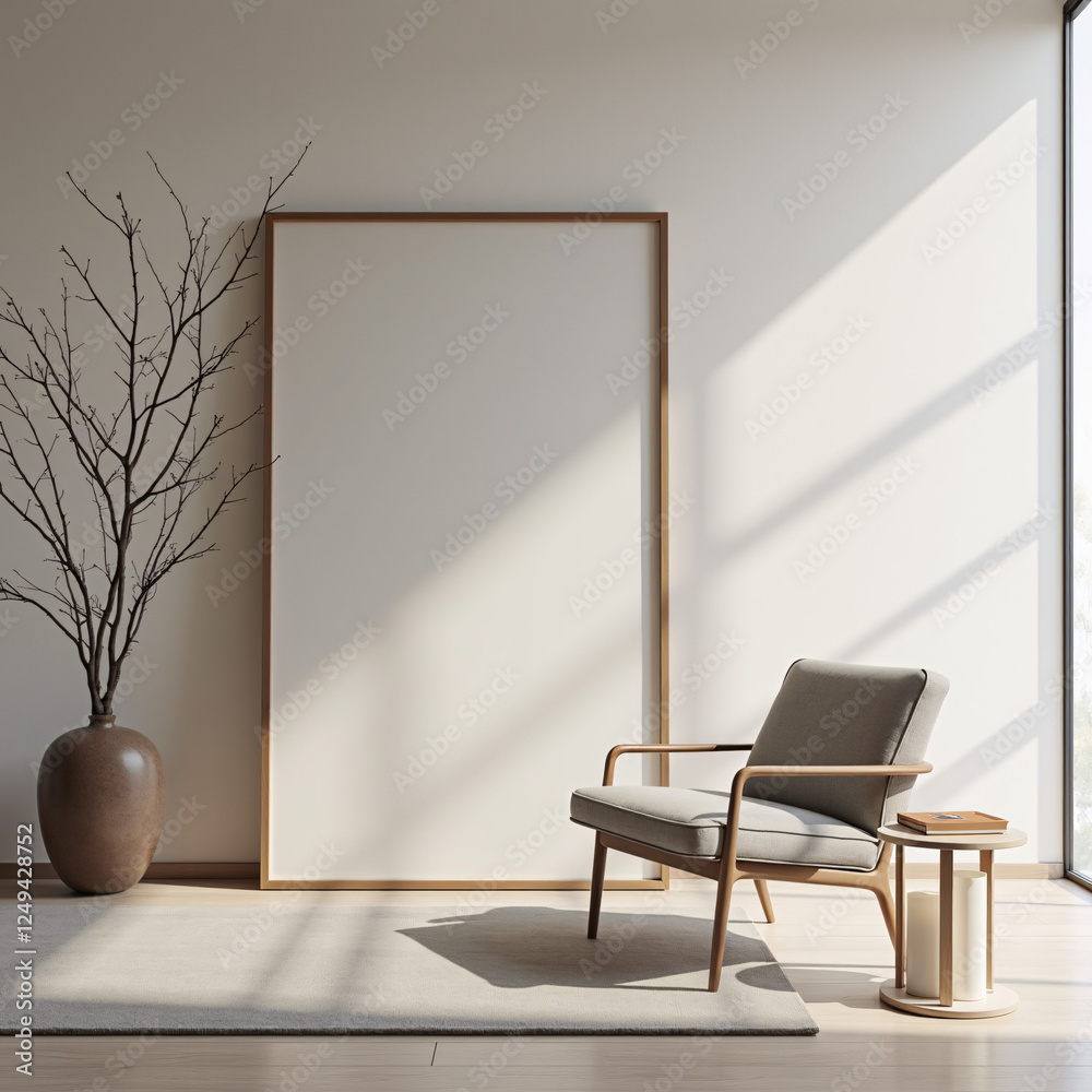 Minimalist Scandinavian Living Room with Empty Frame and Natural Light Minimalist Scandinavian Living Room with Empty Frame and Natural Light