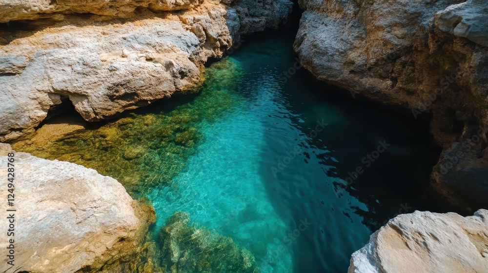 This image features tranquil blue waters nestled between rugged rocky formations, inviting viewers to appreciate nature's serene beauty and peacefulness. This image features tranquil blue waters nestled between rugged rocky formations, inviting viewers to appreciate nature's serene beauty and peacefulness.