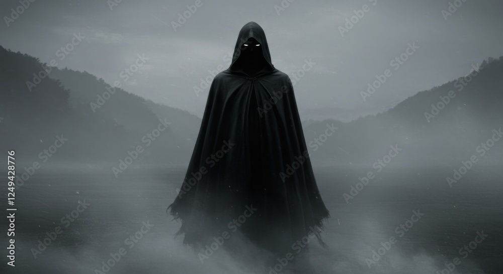 Black cloaked figure in a fog and mist surrounded smoke, death grim reaper, evil Halloween demon Black cloaked figure in a fog and mist surrounded smoke, death grim reaper, evil Halloween demon