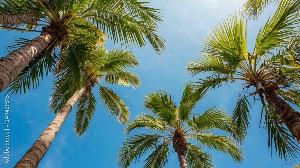 Naklejka premium Bottom view of tropical palm trees leaves in blue sky background Natural exotic photo frame Leaves on the branches of coconut palm trees against the blue sky in sunny summer day Phuket island Thailand