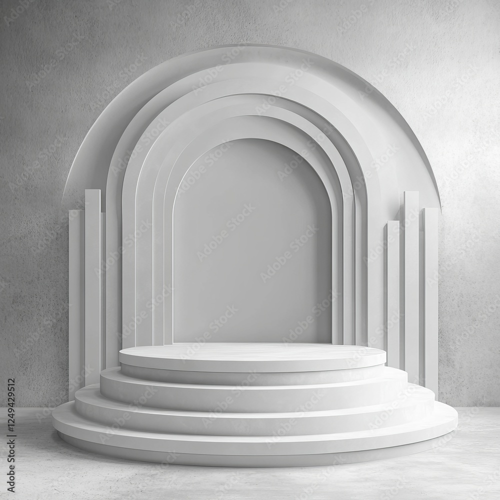 White round podium on concrete background. 3d render. Mockup White round podium on concrete background. 3d render. Mockup