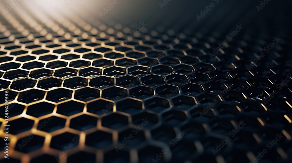 Naklejka premium A Close Up View Of A Shiny Dark Metal With A Golden Honeycomb Grid Pattern