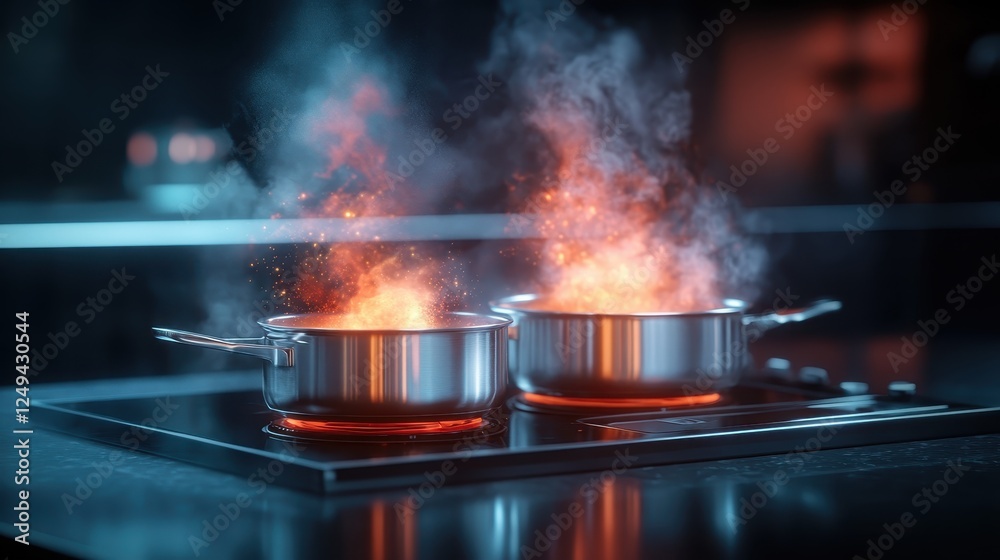 Capturing the intense moment of two pots on fire, with flames and steam erupting, illustrating the dramatic and energetic experience of cooking under high heat. Capturing the intense moment of two pots on fire, with flames and steam erupting, illustrating the dramatic and energetic experience of cooking under high heat.