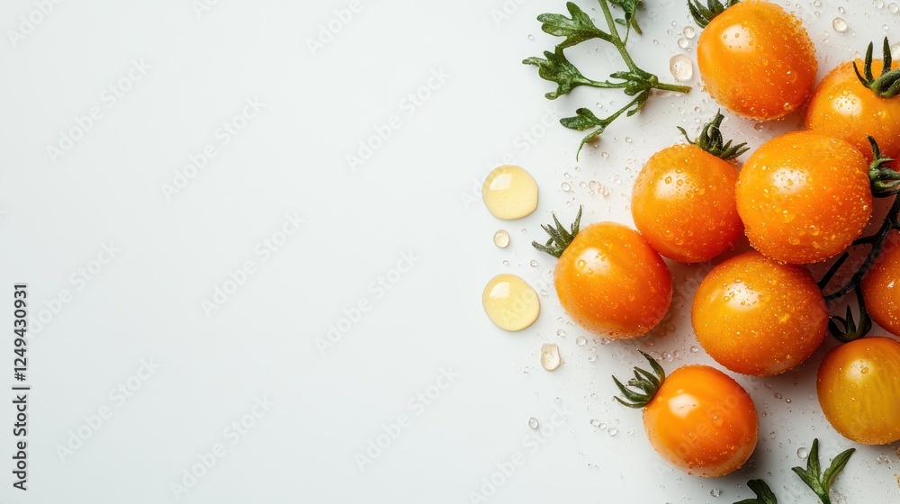 A visually appealing arrangement of yellow tomatoes adorned with glistening drops of water, emphasizing their freshness and making them stand out against a soft background. A visually appealing arrangement of yellow tomatoes adorned with glistening drops of water, emphasizing their freshness and making them stand out against a soft background.
