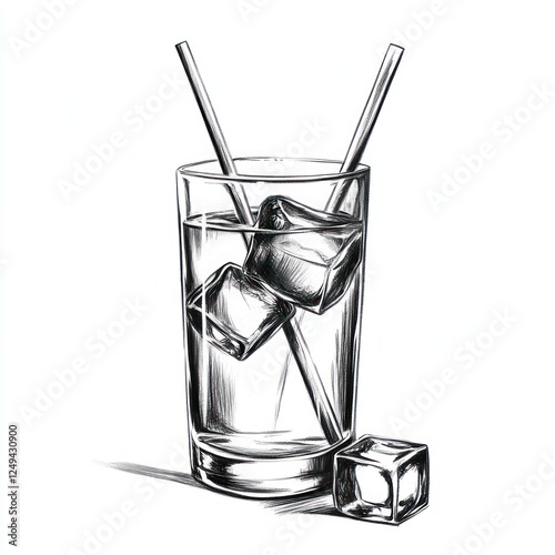 Hand-drawn glass of iced water with two straws photo