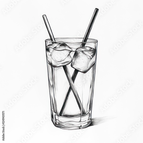 Hand-drawn glass of water with ice and straws photo