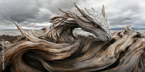 Dragon sculpture crafted from driftwood rests on a rocky shore photo