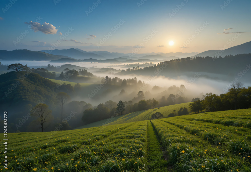 Obraz premium Field with fog and agriculture and sunset