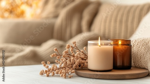 An inviting display featuring warm candlelight alongside decorative elements, ideal for creating a cozy atmosphere and enhancing emotional well-being in a living space. photo
