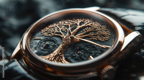 Craftsmanship of a wristwatch with a tree engraving symbolizing time and nature. Generative AI photo