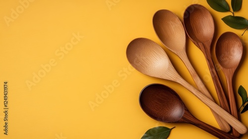 Artfully arranged wooden spoons on a cheerful yellow background, emphasizing their unique designs and the warmth they bring to culinary experiences in any kitchen. photo