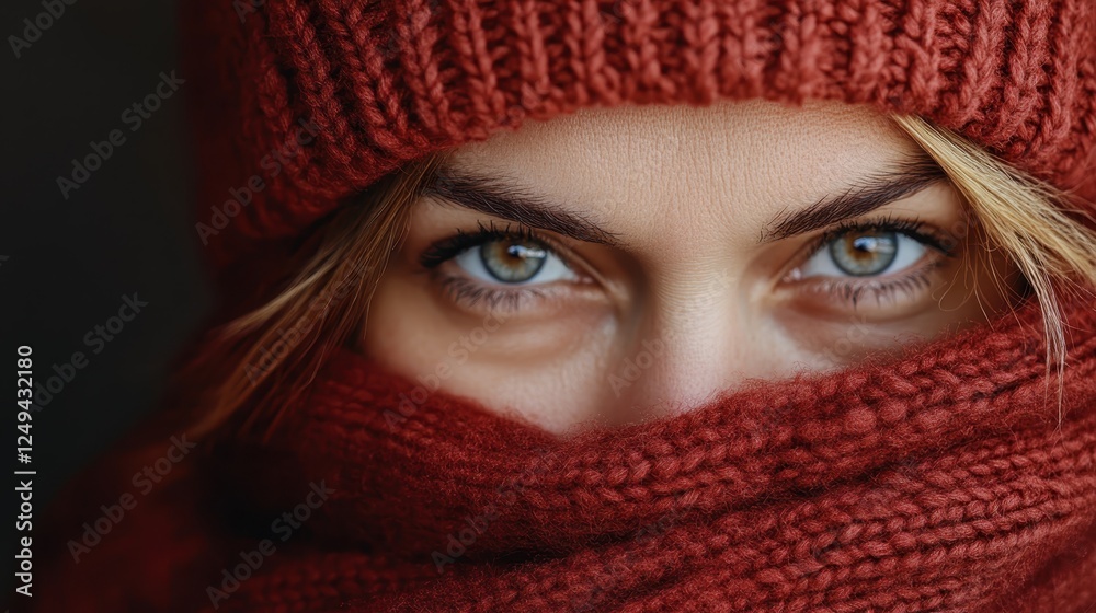 A close-up of a person's eyes peeking out from a red knitted scarf, conveying intensity and mystery against a dark, muted background, evoking curiosity and elegance. A close-up of a person's eyes peeking out from a red knitted scarf, conveying intensity and mystery against a dark, muted background, evoking curiosity and elegance.