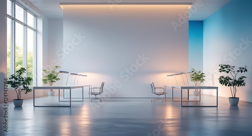 A clean, modern office space with a desk, chair, and two potted plants. The room is well-lit and has a minimalist design