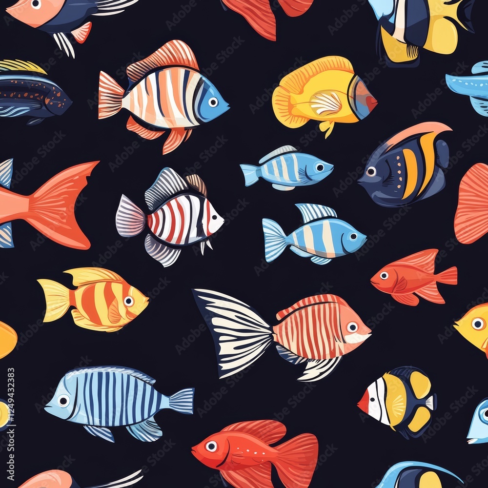 Seamless pattern with fishes on dark background. Vector illustration. Seamless pattern with fishes on dark background. Vector illustration.