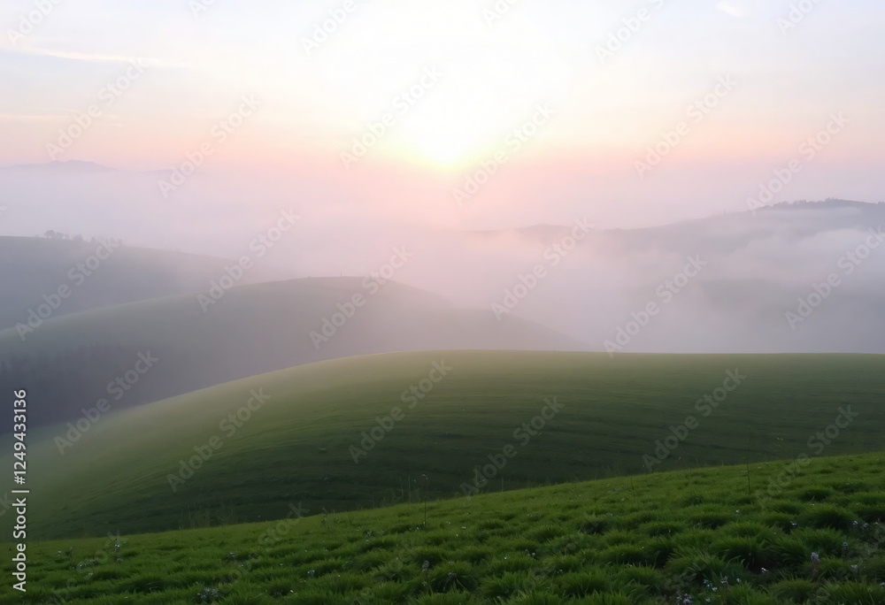 Fototapeta premium Field with fog and agriculture and sunset
