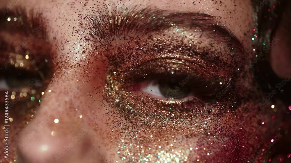 Glitter on beauty face. Shiny makeup on models face. Creative neon glow face art. Sexy woman with shimmering cosmetics. Colorful glitter makeup. Cinematic beauty model metallic shine. Art woman face.