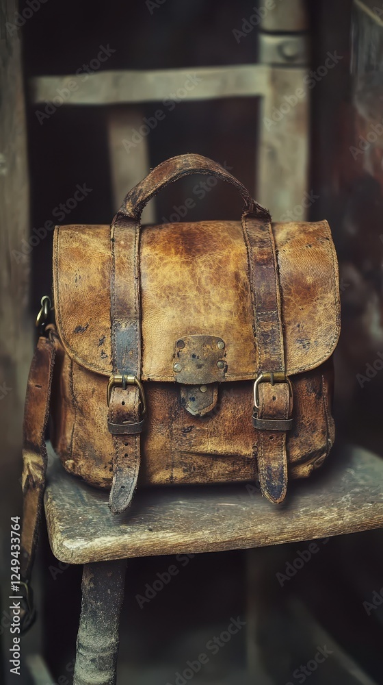 Well worn leather satchel rests on a weathered wooden stool Well worn leather satchel rests on a weathered wooden stool