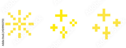 Yellow pixelated sparkles, pixel art., stars, retro, 8-bit.