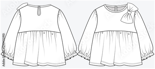 FULL SLEEVES KNIT TOP WITH EMPIRE CUT AND BOW DETAIL DESIGNED FOR TODDLER KID AND INFANT GIRLS IN VECTOR ILLUSTRATION FILE
