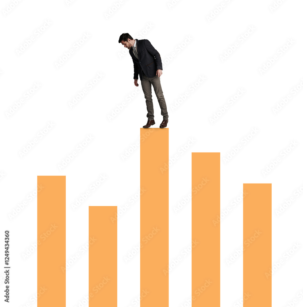 Stock market, global or man on graph for decrease, investment savings or balance in studio. Financial crisis, crash or trader on charts data for price drop or crypto profit risk on white background Stock market, global or man on graph for decrease, investment savings or balance in studio. Financial crisis, crash or trader on charts data for price drop or crypto profit risk on white background