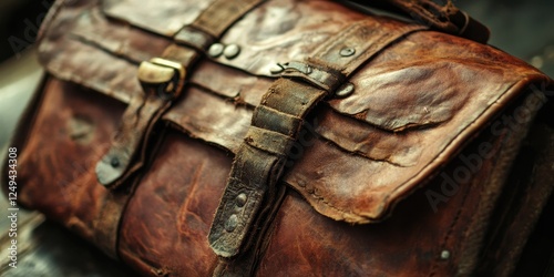 Vintage leather satchel bag with aged straps and hardware photo