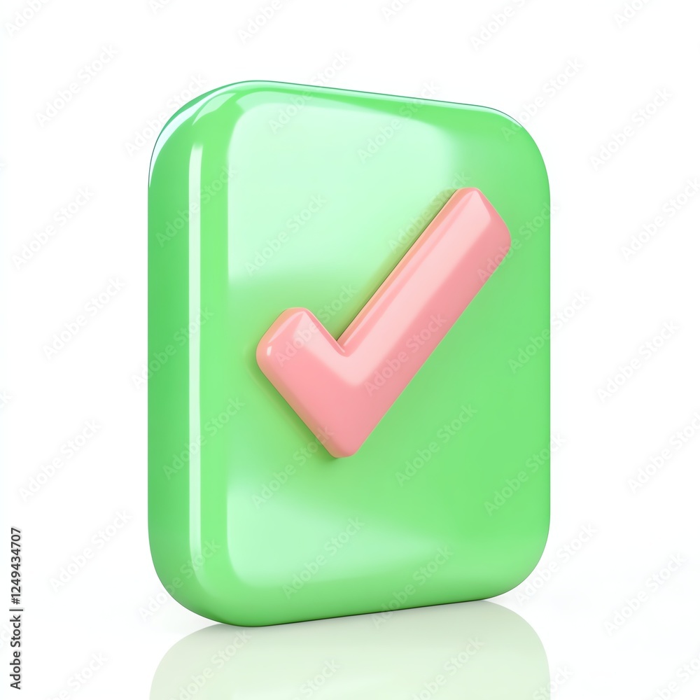 A glossy green checkbox with a pink checkmark, symbolizing approval or confirmation in a digital context. A glossy green checkbox with a pink checkmark, symbolizing approval or confirmation in a digital context.