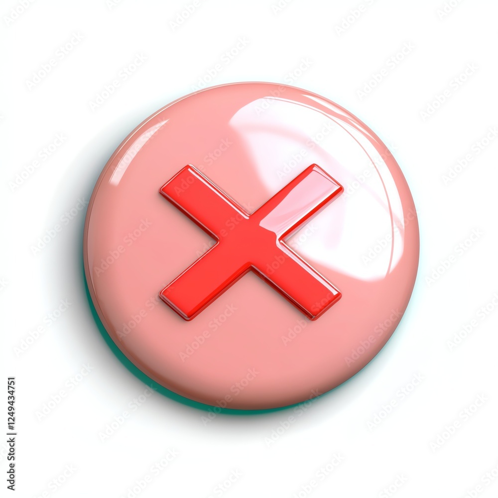 A glossy pink button featuring a prominent red cross symbol, commonly associated with negative actions or error notifications. A glossy pink button featuring a prominent red cross symbol, commonly associated with negative actions or error notifications.