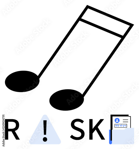 Musical note with RISK text, warning sign, and document file. Ideal for musical themes, cautionary messages, document handling, risk management, alert notifications, business analysis and security