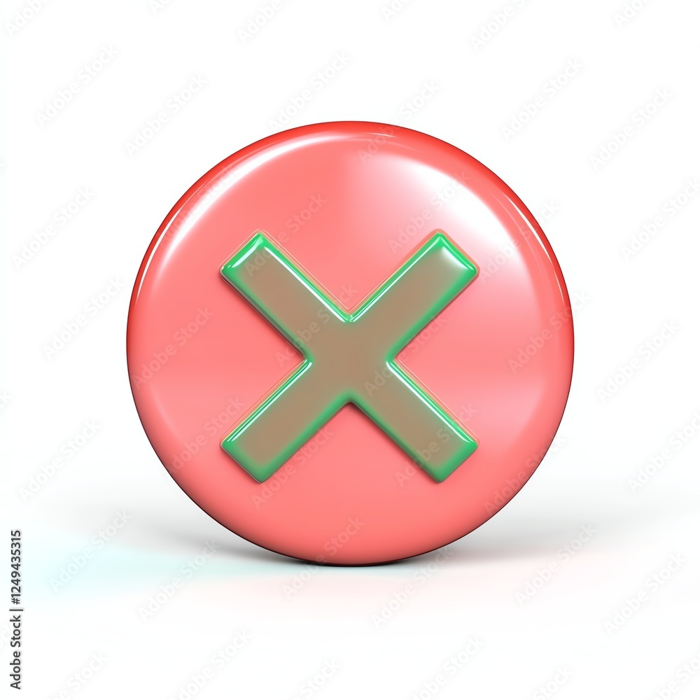 A round, pink button featuring a green A round, pink button featuring a green