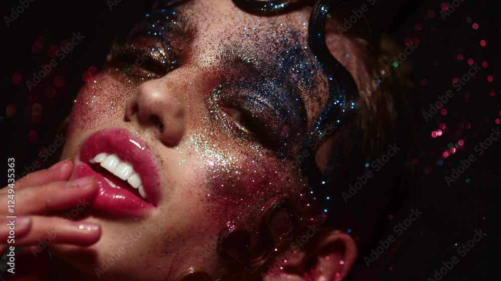 Glitter on beauty face. Shiny makeup on models face. Creative neon glow face art. Sexy woman with shimmering cosmetics. Colorful glitter makeup. Cinematic beauty model metallic shine. Art woman face.