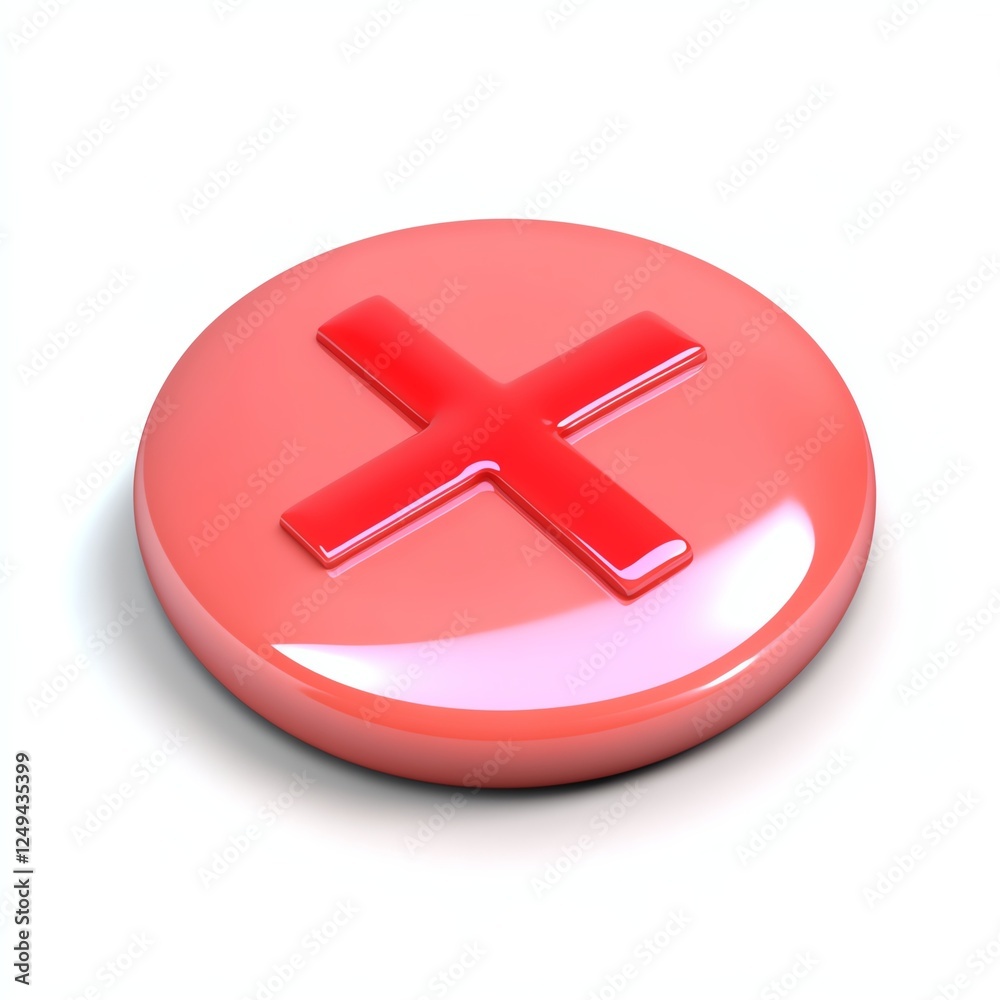 Obraz premium A glossy pink button with a prominent red cross symbol, suggesting a cancel or delete action, set against a simple white background.