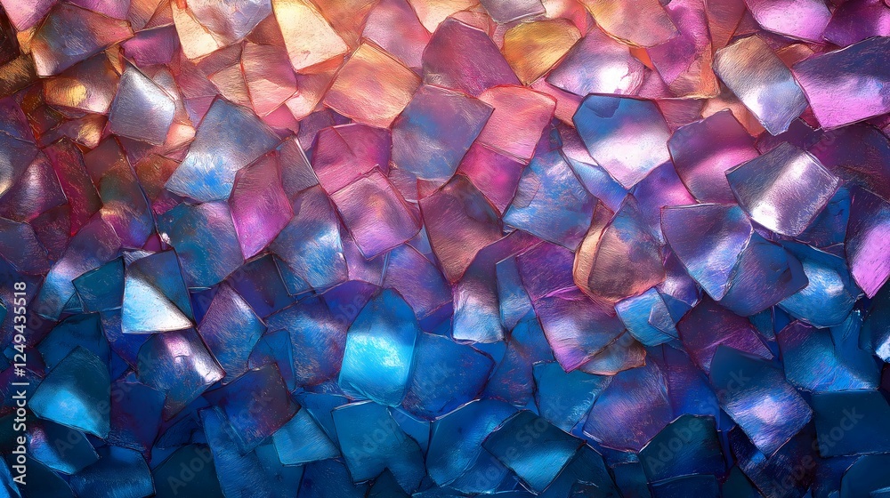 Abstract background made of shard-like objects in blue, dark purple, and dark orange colors with a metallic touch. Background, wallpaper concept.