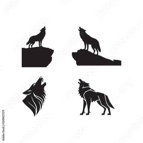 Howling black wolf vector icon set.