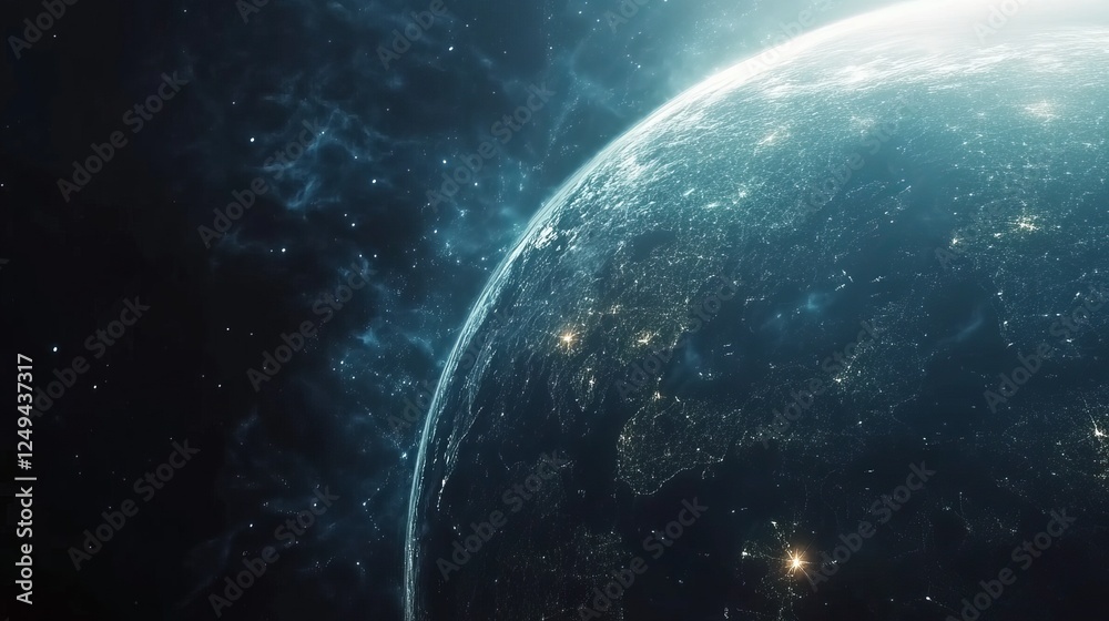 Obraz premium Exploring global connectivity through minimalist digital earth concepts in a cosmic environment