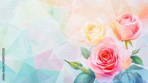 Beautiful pastel watercolor roses elegantly arranged with geometric abstract elements, providing a dreamy and artistic design.