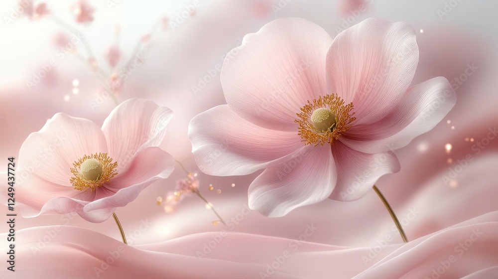 Delicate pink flowers gracefully bloom against a soft, flowing background. Delicate pink flowers gracefully bloom against a soft, flowing background.