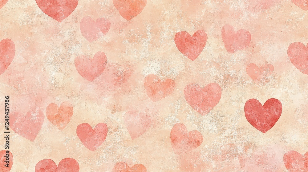 Seamless Pattern of Watercolor Hearts in Shades of Pink, Red, and Peach With a Vintage Paper Background for Valentine's Day Design Seamless Pattern of Watercolor Hearts in Shades of Pink, Red, and Peach With a Vintage Paper Background for Valentine's Day Design